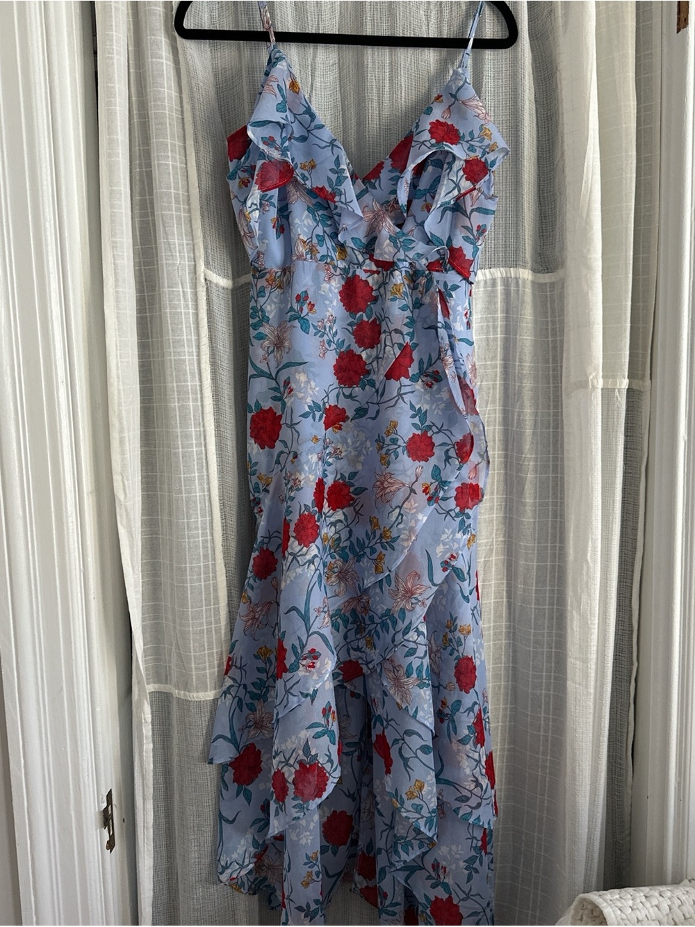 Light Blue Floral Ruffle Midi Dress with Red Bloom Print